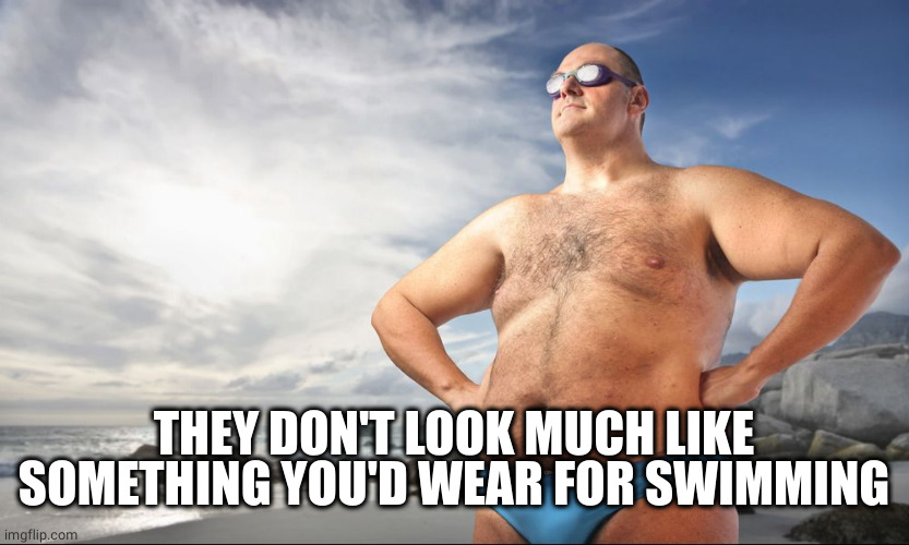 Fat proud swimmer | THEY DON'T LOOK MUCH LIKE SOMETHING YOU'D WEAR FOR SWIMMING | image tagged in fat proud swimmer | made w/ Imgflip meme maker