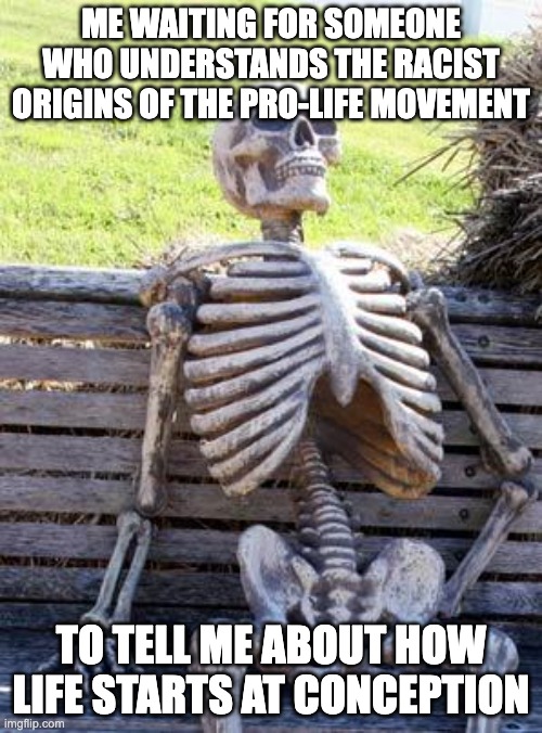 Waiting Skeleton Meme | ME WAITING FOR SOMEONE WHO UNDERSTANDS THE RACIST ORIGINS OF THE PRO-LIFE MOVEMENT; TO TELL ME ABOUT HOW LIFE STARTS AT CONCEPTION | image tagged in memes,waiting skeleton,FemaleAntinatalism | made w/ Imgflip meme maker