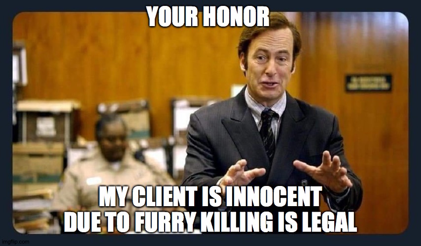 Your honour | YOUR HONOR MY CLIENT IS INNOCENT DUE TO FURRY KILLING IS LEGAL | image tagged in your honour | made w/ Imgflip meme maker