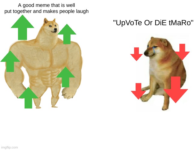 Good meme vs. Crap meme | A good meme that is well put together and makes people laugh; "UpVoTe Or DiE tMaRo" | image tagged in memes,buff doge vs cheems | made w/ Imgflip meme maker
