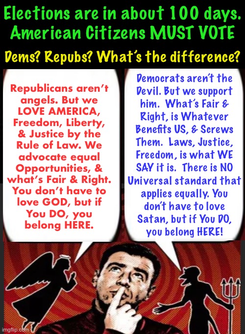 November elections are near.  Do you understand the differences between Dems & Repubs? | Elections are in about 100 days.
American Citizens MUST VOTE; Dems? Repubs? What’s the difference? Democrats aren’t the
Devil. But we support
him.  What’s Fair &
Right, is Whatever
Benefits US, & Screws
Them.  Laws, Justice,
Freedom, is what WE
SAY it is.  There is NO
Universal standard that
applies equally. You
don’t have to love
Satan, but if You DO,
you belong HERE! Republicans aren’t
angels. But we
LOVE AMERICA,
Freedom, Liberty,
& Justice by the
Rule of Law. We
advocate equal
Opportunities, &
what’s Fair & Right.
You don’t have to
love GOD, but if
You DO, you
belong HERE. | image tagged in memes,vote,election,there is a big difference,is this the america you dreamed of,or what the founders dreamed of | made w/ Imgflip meme maker