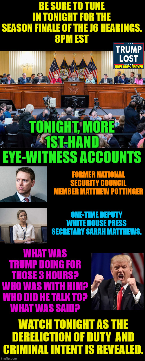 Remember, the POTUS is the only one SWORN and tasked to protect ALL Americans. | BE SURE TO TUNE IN TONIGHT FOR THE SEASON FINALE OF THE J6 HEARINGS.
8PM EST; TONIGHT, MORE 1ST-HAND EYE-WITNESS ACCOUNTS; FORMER NATIONAL SECURITY COUNCIL MEMBER MATTHEW POTTINGER; ONE-TIME DEPUTY WHITE HOUSE PRESS SECRETARY SARAH MATTHEWS. WHAT WAS TRUMP DOING FOR THOSE 3 HOURS?
WHO WAS WITH HIM?
WHO DID HE TALK TO?
WHAT WAS SAID? WATCH TONIGHT AS THE DERELICTION OF DUTY  AND CRIMINAL INTENT IS REVEALED. | image tagged in trump lost,j4j6,insurrection,go biden,gavin newsome | made w/ Imgflip meme maker