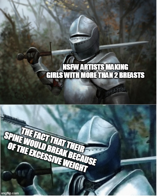 Knight with arrow in helmet | NSFW ARTISTS MAKING GIRLS WITH MORE THAN 2 BREASTS; THE FACT THAT THEIR SPINE WOULD BREAK BECAUSE OF THE EXCESSIVE WEIGHT | image tagged in knight with arrow in helmet,memes | made w/ Imgflip meme maker