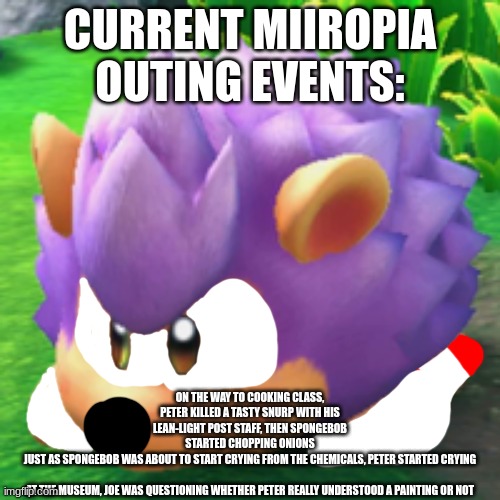 Kirby Sonic | CURRENT MIIROPIA OUTING EVENTS:; ON THE WAY TO COOKING CLASS, PETER KILLED A TASTY SNURP WITH HIS LEAN-LIGHT POST STAFF, THEN SPONGEBOB STARTED CHOPPING ONIONS
JUST AS SPONGEBOB WAS ABOUT TO START CRYING FROM THE CHEMICALS, PETER STARTED CRYING

 
AT THE MUSEUM, JOE WAS QUESTIONING WHETHER PETER REALLY UNDERSTOOD A PAINTING OR NOT | image tagged in kirby sonic | made w/ Imgflip meme maker