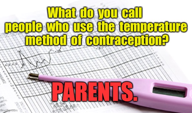 Contraception | What  do  you  call  people  who  use  the  temperature  method  of  contraception? PARENTS. | image tagged in contraception,temperature method,couple,parents,dark humour | made w/ Imgflip meme maker