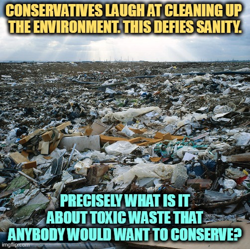 Think toxic waste is funny? Feed some to your family. | CONSERVATIVES LAUGH AT CLEANING UP 

THE ENVIRONMENT. THIS DEFIES SANITY. PRECISELY WHAT IS IT ABOUT TOXIC WASTE THAT ANYBODY WOULD WANT TO CONSERVE? | image tagged in environment,toxic,waste,clean up,conservative,morons | made w/ Imgflip meme maker