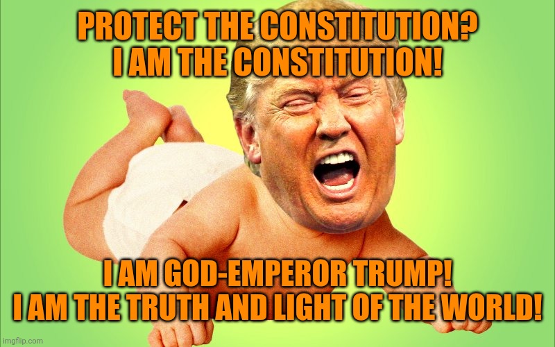 fragile narcissism | PROTECT THE CONSTITUTION?
I AM THE CONSTITUTION! I AM GOD-EMPEROR TRUMP!
I AM THE TRUTH AND LIGHT OF THE WORLD! | image tagged in baby trump | made w/ Imgflip meme maker