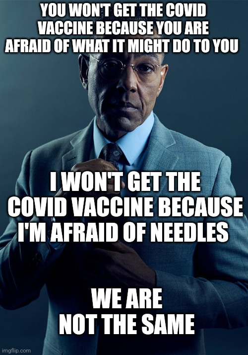 We are not the same | YOU WON'T GET THE COVID VACCINE BECAUSE YOU ARE AFRAID OF WHAT IT MIGHT DO TO YOU; I WON'T GET THE COVID VACCINE BECAUSE I'M AFRAID OF NEEDLES; WE ARE NOT THE SAME | image tagged in gus fring we are not the same,funny memes | made w/ Imgflip meme maker