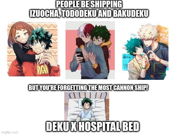 This is obviously a joke. People can ship whoever they want. Unless its very cringe like Eri x Deku | PEOPLE BE SHIPPING IZUOCHA, TODODEKU AND BAKUDEKU; BUT YOU'RE FORGETTING THE MOST CANNON SHIP! DEKU X HOSPITAL BED | image tagged in blank white template,shipping,my hero academia | made w/ Imgflip meme maker