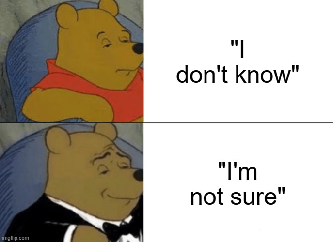 Tuxedo Winnie The Pooh | "I don't know"; "I'm not sure" | image tagged in memes,tuxedo winnie the pooh | made w/ Imgflip meme maker