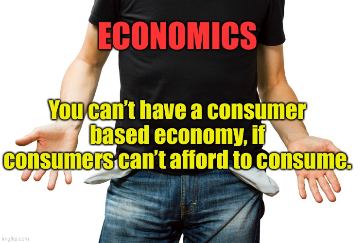Economics | ECONOMICS; You can’t have a consumer based economy, if consumers can’t afford to consume. | image tagged in empty pockets,consumer based,economy,if consumer cannot,afford to consume,politics | made w/ Imgflip meme maker