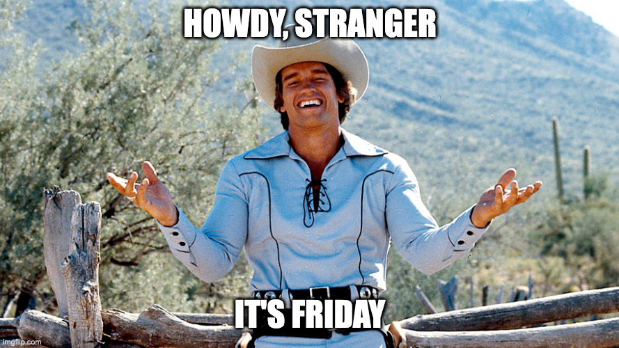 Friday Howdy | HOWDY, STRANGER; IT'S FRIDAY | image tagged in happy gunslinger arnold | made w/ Imgflip meme maker
