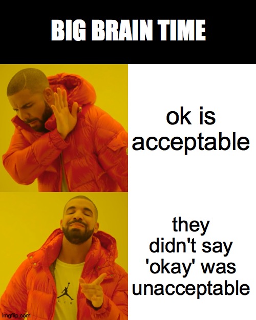 Drake Hotline Bling Meme | ok is acceptable they didn't say 'okay' was unacceptable BIG BRAIN TIME | image tagged in memes,drake hotline bling | made w/ Imgflip meme maker
