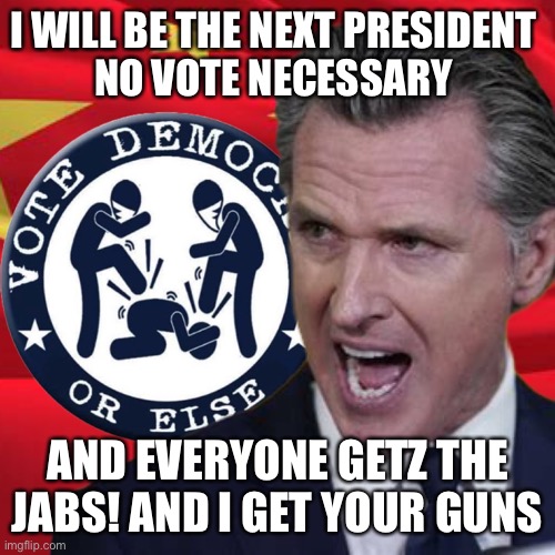 Gavin our king | I WILL BE THE NEXT PRESIDENT 
NO VOTE NECESSARY; AND EVERYONE GETZ THE JABS! AND I GET YOUR GUNS | image tagged in funny,memes,upvotes,gifs | made w/ Imgflip meme maker