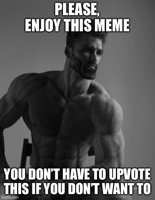 Not begging for upvotes ~chad |  PLEASE, ENJOY THIS MEME; YOU DON’T HAVE TO UPVOTE THIS IF YOU DON’T WANT TO | image tagged in giga chad | made w/ Imgflip meme maker