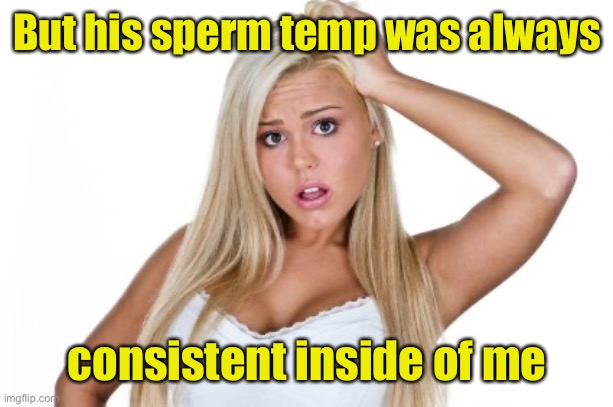 Dumb Blonde | But his sperm temp was always consistent inside of me | image tagged in dumb blonde | made w/ Imgflip meme maker