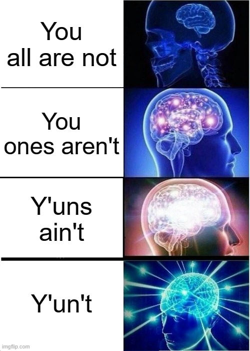 You'd especially understand if you were raised in the south | You all are not; You ones aren't; Y'uns ain't; Y'un't | image tagged in memes,expanding brain,grammar,country,language,speech | made w/ Imgflip meme maker