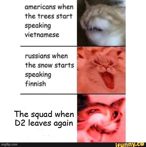 No she's still not back | The squad when D2 leaves again | image tagged in americans when | made w/ Imgflip meme maker