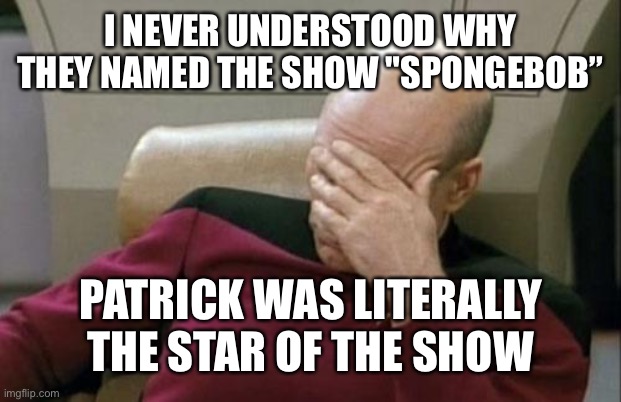 One more dad joke | I NEVER UNDERSTOOD WHY THEY NAMED THE SHOW "SPONGEBOB”; PATRICK WAS LITERALLY THE STAR OF THE SHOW | image tagged in memes,captain picard facepalm | made w/ Imgflip meme maker