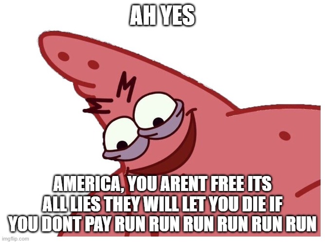 that good stuff | AH YES AMERICA, YOU ARENT FREE ITS ALL LIES THEY WILL LET YOU DIE IF YOU DONT PAY RUN RUN RUN RUN RUN RUN | image tagged in that good stuff | made w/ Imgflip meme maker