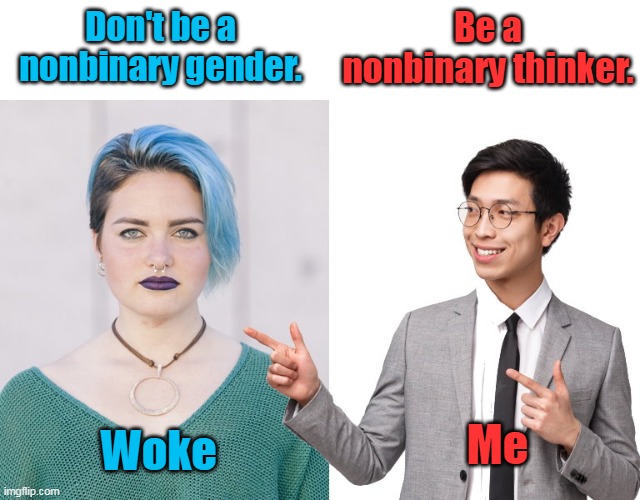 Choose, but choose wisely... | Be a nonbinary thinker. Don't be a nonbinary gender. Me; Woke | image tagged in woke,left,democrats,liberals,nonbinary,gender | made w/ Imgflip meme maker