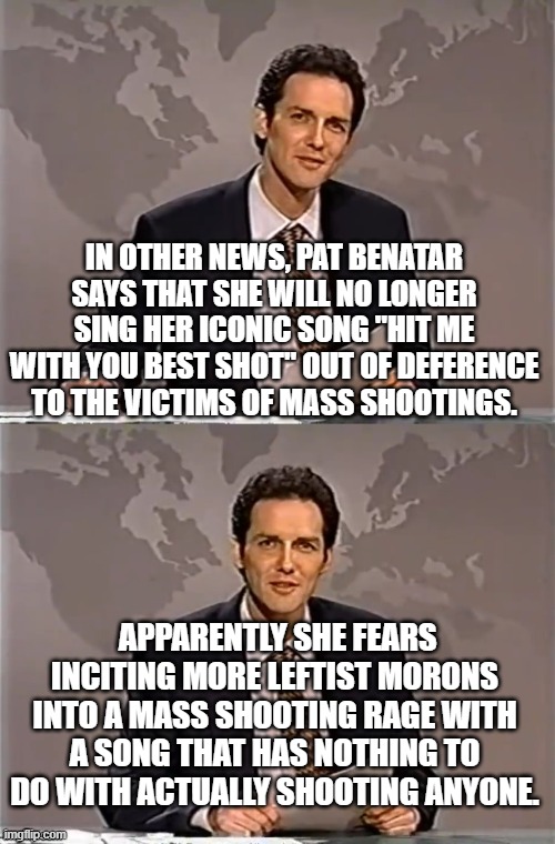 Hit me with your best . . . limp . . . noodle.  Get a grip leftists. | IN OTHER NEWS, PAT BENATAR SAYS THAT SHE WILL NO LONGER SING HER ICONIC SONG "HIT ME WITH YOU BEST SHOT" OUT OF DEFERENCE TO THE VICTIMS OF MASS SHOOTINGS. APPARENTLY SHE FEARS INCITING MORE LEFTIST MORONS INTO A MASS SHOOTING RAGE WITH A SONG THAT HAS NOTHING TO DO WITH ACTUALLY SHOOTING ANYONE. | image tagged in weekend update with norm | made w/ Imgflip meme maker