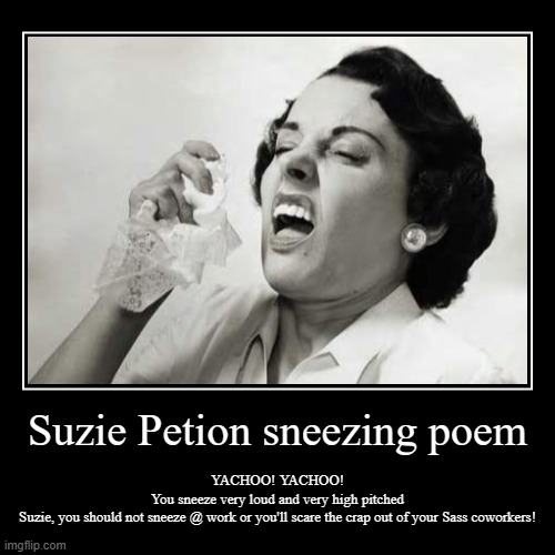 Suzie sneezing poem! | image tagged in funny,sneeze,pilot,lady,honda,sneezing | made w/ Imgflip demotivational maker
