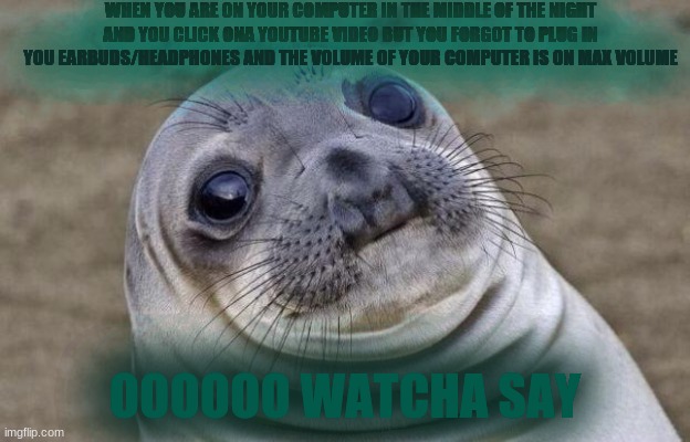 A big Oof moment |  WHEN YOU ARE ON YOUR COMPUTER IN THE MIDDLE OF THE NIGHT AND YOU CLICK ONA YOUTUBE VIDEO BUT YOU FORGOT TO PLUG IN YOU EARBUDS/HEADPHONES AND THE VOLUME OF YOUR COMPUTER IS ON MAX VOLUME; OOOOOO WATCHA SAY | image tagged in memes,awkward moment sealion,seal,oof,earbuds,headphones | made w/ Imgflip meme maker