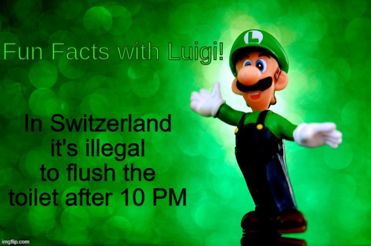 Fun Facts with Luigi | In Switzerland it's illegal to flush the toilet after 10 PM | image tagged in fun facts with luigi | made w/ Imgflip meme maker
