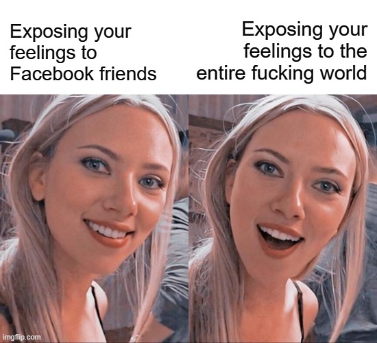 Wise Internet People | Exposing your feelings to the entire fucking world; Exposing your feelings to Facebook friends | image tagged in the internet,social media,funny,surprised | made w/ Imgflip meme maker