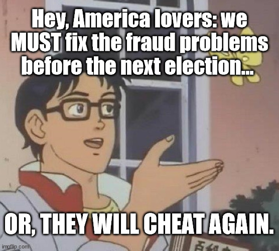 hey America! | Hey, America lovers: we MUST fix the fraud problems before the next election... OR, THEY WILL CHEAT AGAIN. | image tagged in memes,is this a pigeon | made w/ Imgflip meme maker