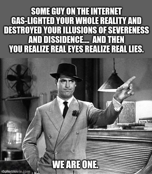 Thanks Josh | SOME GUY ON THE INTERNET GAS-LIGHTED YOUR WHOLE REALITY AND DESTROYED YOUR ILLUSIONS OF SEVERENESS AND DISSIDENCE....  AND THEN YOU REALIZE REAL EYES REALIZE REAL LIES. WE ARE ONE. | image tagged in get out | made w/ Imgflip meme maker