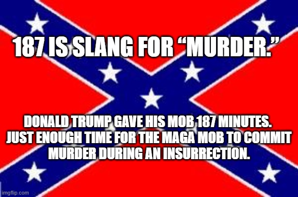 Dixie Flag Insurrection | 187 IS SLANG FOR “MURDER.”; DONALD TRUMP GAVE HIS MOB 187 MINUTES. 

JUST ENOUGH TIME FOR THE MAGA MOB TO COMMIT MURDER DURING AN INSURRECTION. | image tagged in dixie flag,187 minutes,187 murder,donald trump | made w/ Imgflip meme maker