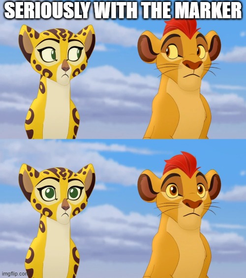 Kion and Fuli Side-eye | SERIOUSLY WITH THE MARKER | image tagged in kion and fuli side-eye,wayfair,markers,commerical,marker,summer | made w/ Imgflip meme maker