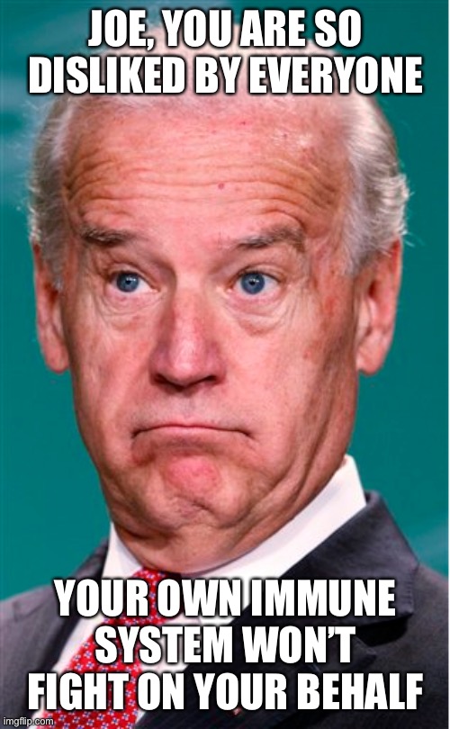 Joe Biden | JOE, YOU ARE SO DISLIKED BY EVERYONE; YOUR OWN IMMUNE SYSTEM WON’T FIGHT ON YOUR BEHALF | image tagged in joe biden | made w/ Imgflip meme maker