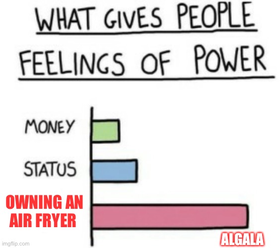 What Gives People Feelings of Power | OWNING AN AIR FRYER; ALGALA | image tagged in cooking,women,steak,steak dinner | made w/ Imgflip meme maker