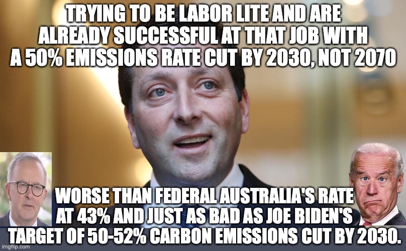 Comparing the emission rates of what Victoria could have verses what Australia and America adopted | TRYING TO BE LABOR LITE AND ARE ALREADY SUCCESSFUL AT THAT JOB WITH A 50% EMISSIONS RATE CUT BY 2030, NOT 2070; WORSE THAN FEDERAL AUSTRALIA'S RATE AT 43% AND JUST AS BAD AS JOE BIDEN'S TARGET OF 50-52% CARBON EMISSIONS CUT BY 2030. | image tagged in matthew guy,labor lite,climate change,joe biden | made w/ Imgflip meme maker