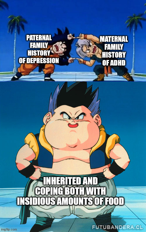 DBZ FUSION FAIL 2 | MATERNAL FAMILY HISTORY OF ADHD; PATERNAL FAMILY HISTORY OF DEPRESSION; INHERITED AND COPING BOTH WITH INSIDIOUS AMOUNTS OF FOOD | image tagged in dbz fusion fail 2 | made w/ Imgflip meme maker