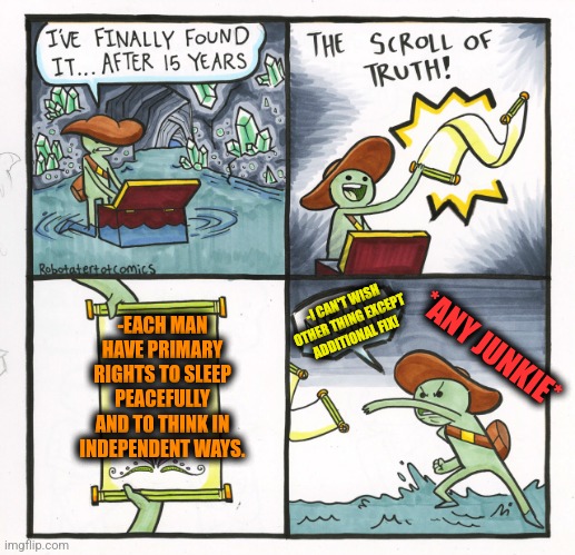 -Any thing from unlimited imagination. | -EACH MAN HAVE PRIMARY RIGHTS TO SLEEP PEACEFULLY AND TO THINK IN INDEPENDENT WAYS. -I CAN'T WISH OTHER THING EXCEPT ADDITIONAL FIX! *ANY JUNKIE* | image tagged in memes,the scroll of truth | made w/ Imgflip meme maker