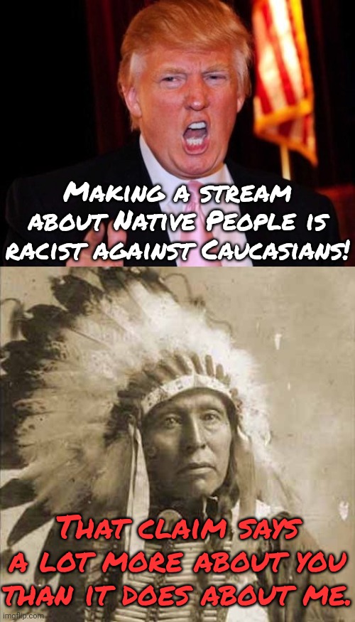 The one who said this has attacked me for talking about Native history before. | Making a stream about Native People is racist against Caucasians! That claim says a lot more about you than it does about me. | image tagged in donald trump and native american,white supremacy,imgflip mods,hate speech,hypocrite,corrupt | made w/ Imgflip meme maker