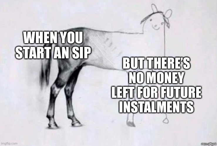 Finance Memes | WHEN YOU START AN SIP; BUT THERE’S NO MONEY LEFT FOR FUTURE INSTALMENTS | image tagged in horse drawing | made w/ Imgflip meme maker
