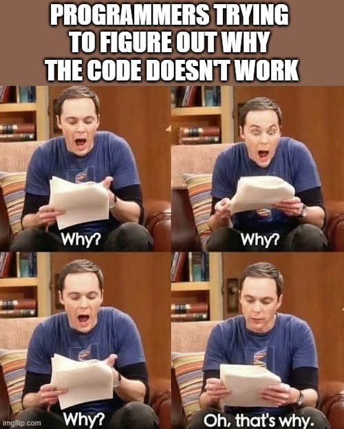 Sheldon why | PROGRAMMERS TRYING 
TO FIGURE OUT WHY 
THE CODE DOESN'T WORK | image tagged in sheldon why | made w/ Imgflip meme maker