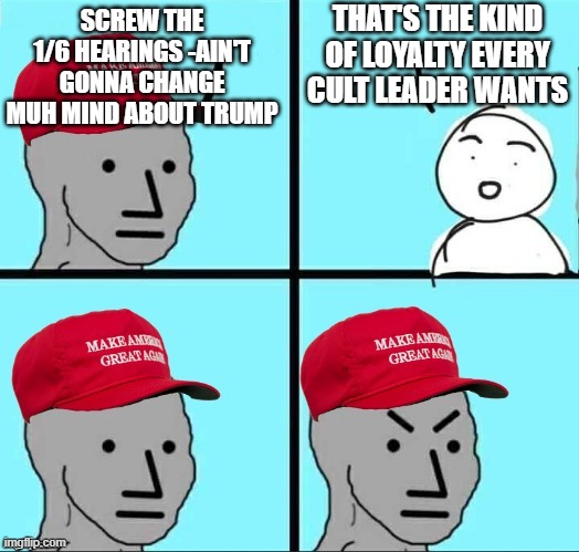 Helping the elevator get to the top floor | THAT'S THE KIND OF LOYALTY EVERY CULT LEADER WANTS; SCREW THE 1/6 HEARINGS -AIN'T GONNA CHANGE MUH MIND ABOUT TRUMP | image tagged in maga npc,1/6 hearings | made w/ Imgflip meme maker