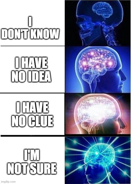 True | I DON'T KNOW; I HAVE NO IDEA; I HAVE NO CLUE; I'M NOT SURE | image tagged in memes,expanding brain | made w/ Imgflip meme maker
