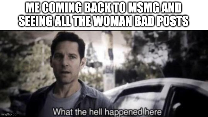 What the hell happened here | ME COMING BACK TO MSMG AND SEEING ALL THE WOMAN BAD POSTS | image tagged in what the hell happened here | made w/ Imgflip meme maker