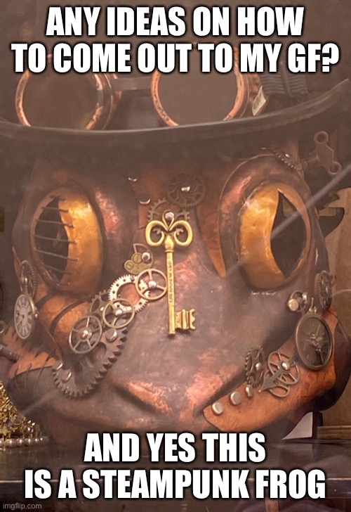 I don’t really know how… I’m planning on doing it later today tho | ANY IDEAS ON HOW TO COME OUT TO MY GF? AND YES THIS IS A STEAMPUNK FROG | made w/ Imgflip meme maker