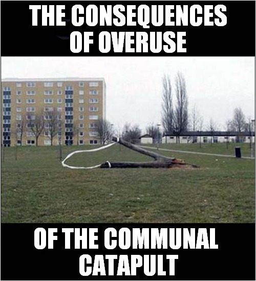 No More Terrorizing The Locals ! | THE CONSEQUENCES OF OVERUSE; OF THE COMMUNAL 
CATAPULT | image tagged in broken,catapult,disappointment | made w/ Imgflip meme maker