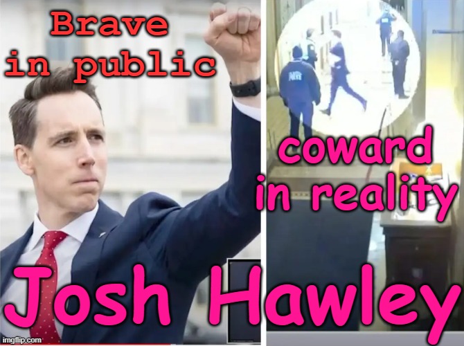 Josh Hawley - white supremacist coward and Trump coup supporter | Brave in public; coward in reality; Josh Hawley | image tagged in white supremacist,treason,traitor,trump,republican,missouri | made w/ Imgflip meme maker
