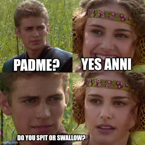 Anakin Padme 4 Panel | PADME? YES ANNI; DO YOU SPIT OR SWALLOW? | image tagged in anakin padme 4 panel | made w/ Imgflip meme maker