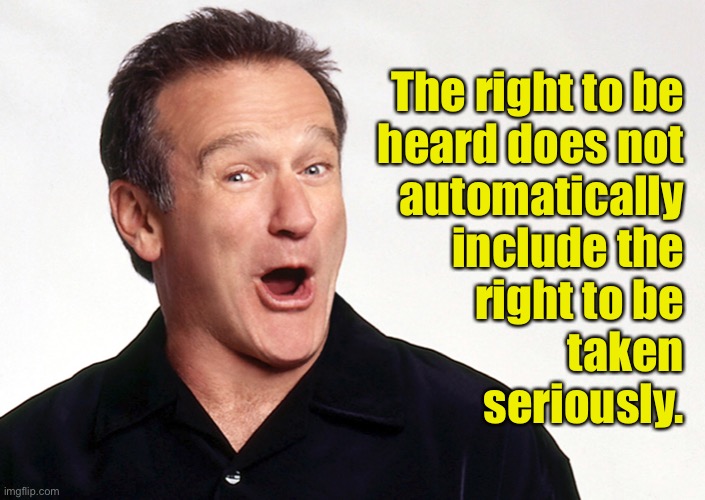 The right to be heard | The right to be
heard does not
automatically
include the
right to be
taken
seriously. | image tagged in robin williams,right to be heard,not automatically,taken seriously,fun | made w/ Imgflip meme maker
